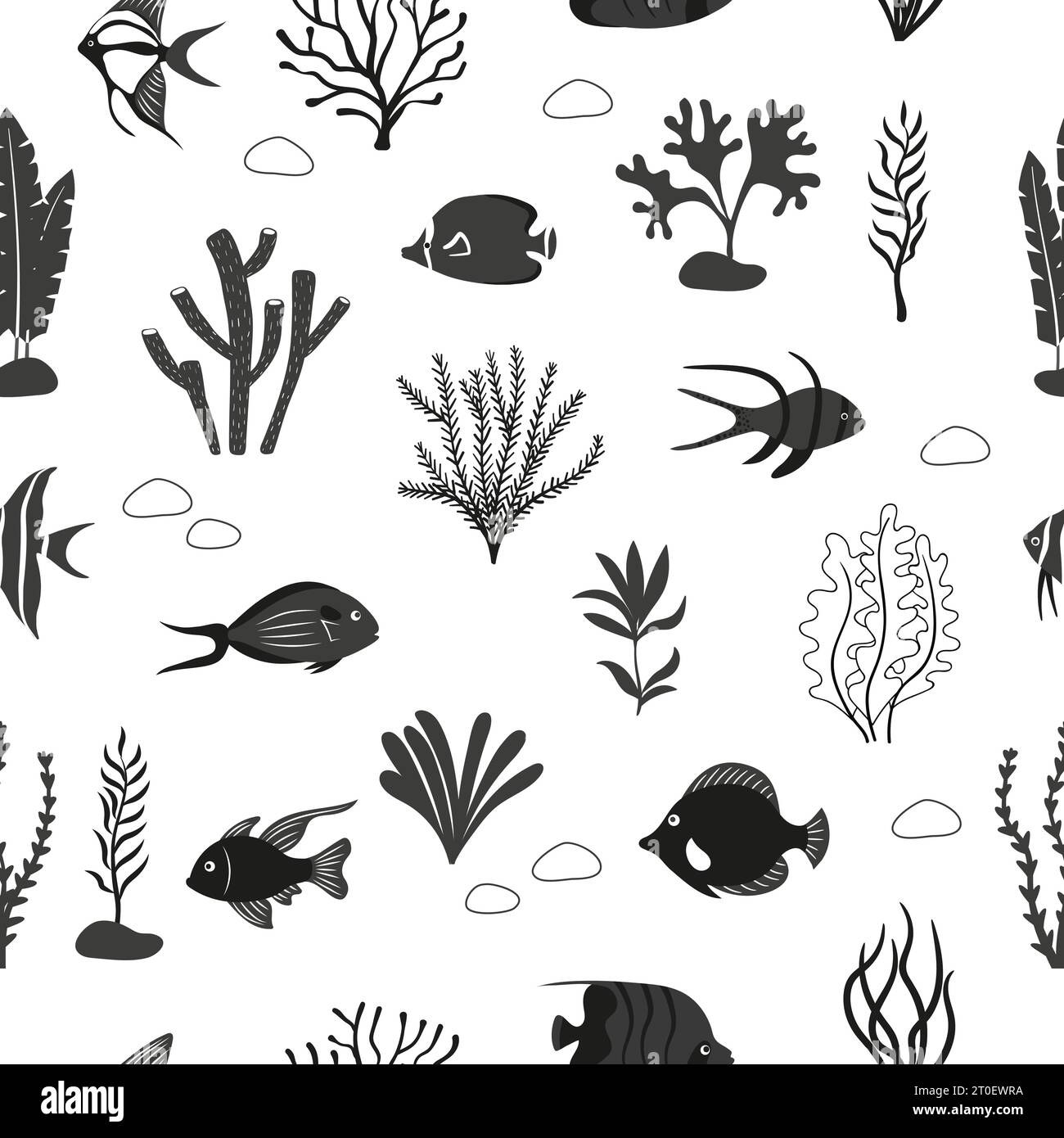 Motif de poissons de mer et d'algues sans couture. Fond de récif corallien vecteur avec des poissons tropicaux et des plantes. Illustration en noir et blanc. Illustration de Vecteur