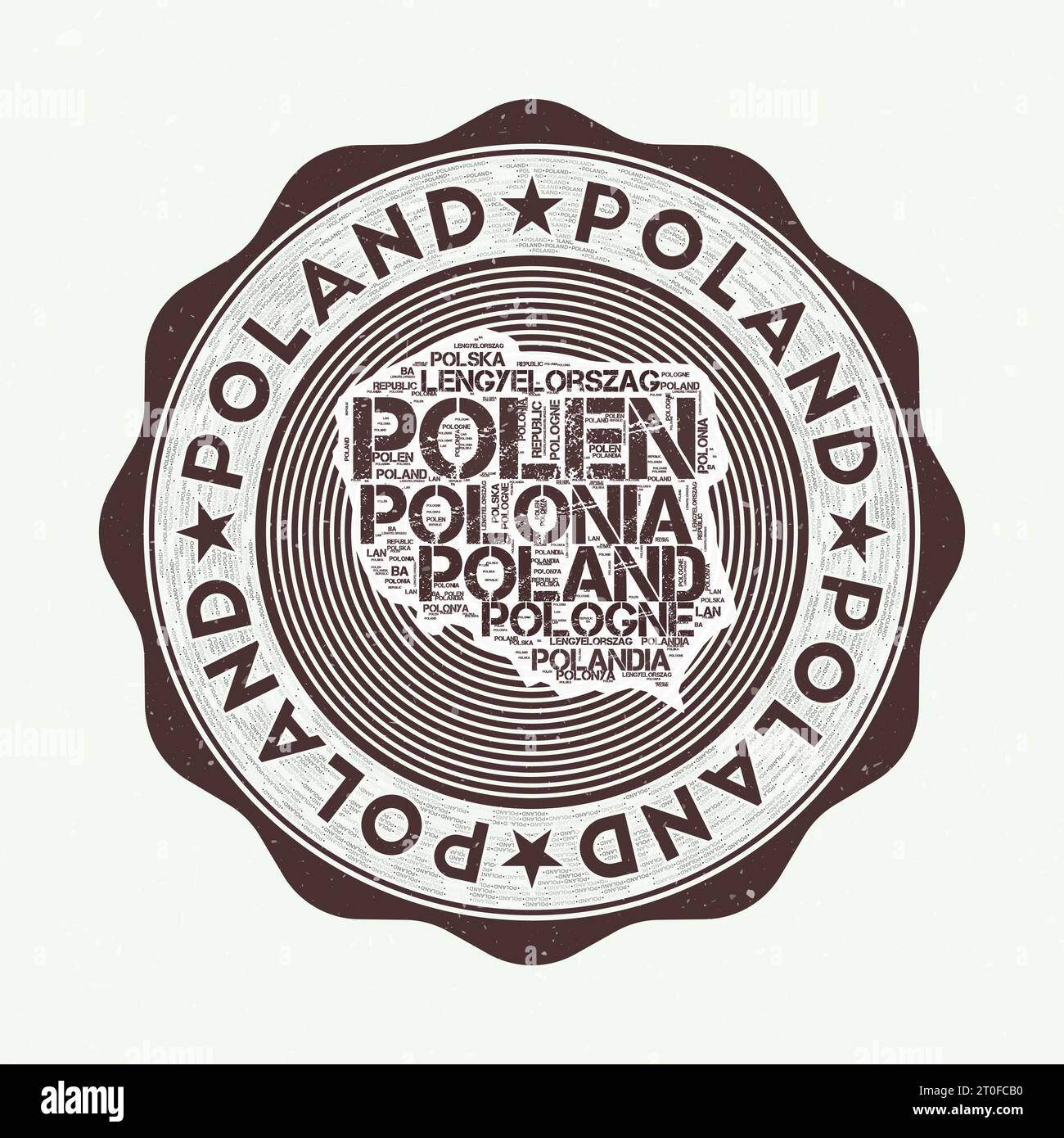 Poland Seal. Logo rond du pays avec la forme de la Pologne et le nom du pays en plusieurs langues wordcloud. Emblème artistique. Illustration vectorielle attrayante Illustration de Vecteur