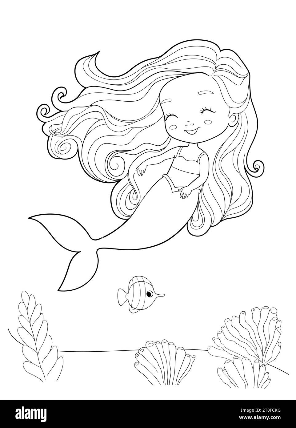 Illustration de contour de paysage sous-marin mignon sirène fille pour le livre de coloriage. Contour vectoriel Illustration de Vecteur