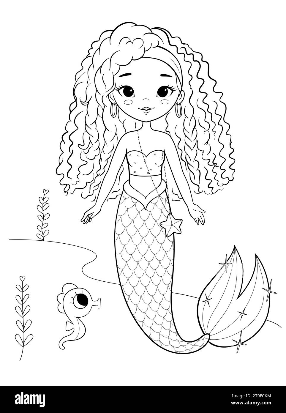 Mignon sirène fille avec les cheveux frisés et illustration de contour de cheval de mer pour le livre de coloriage. Contour vectoriel Illustration de Vecteur