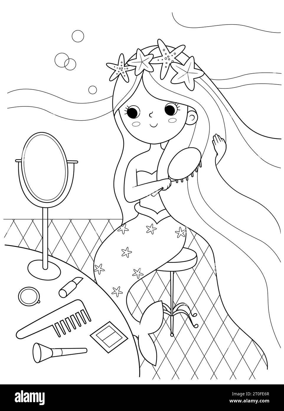 La petite sirène est assise devant le miroir et se peigne les cheveux. Illustration de contour pour livre de coloriage. Contour vectoriel Illustration de Vecteur