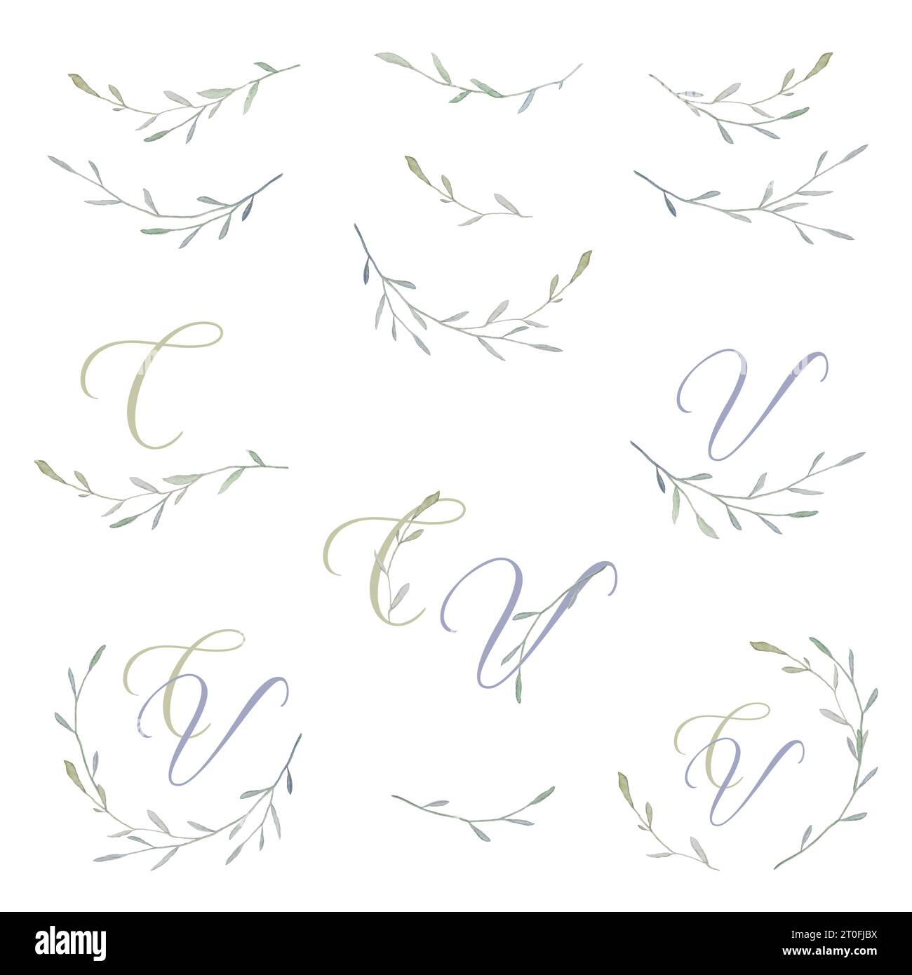 Modèle de logo floral, Monogramme de mariage rustique. Modèle pour invitations de mariage, cartes de remerciement. Ensemble d'éléments de mariage de dessin à la main rustique Banque D'Images
