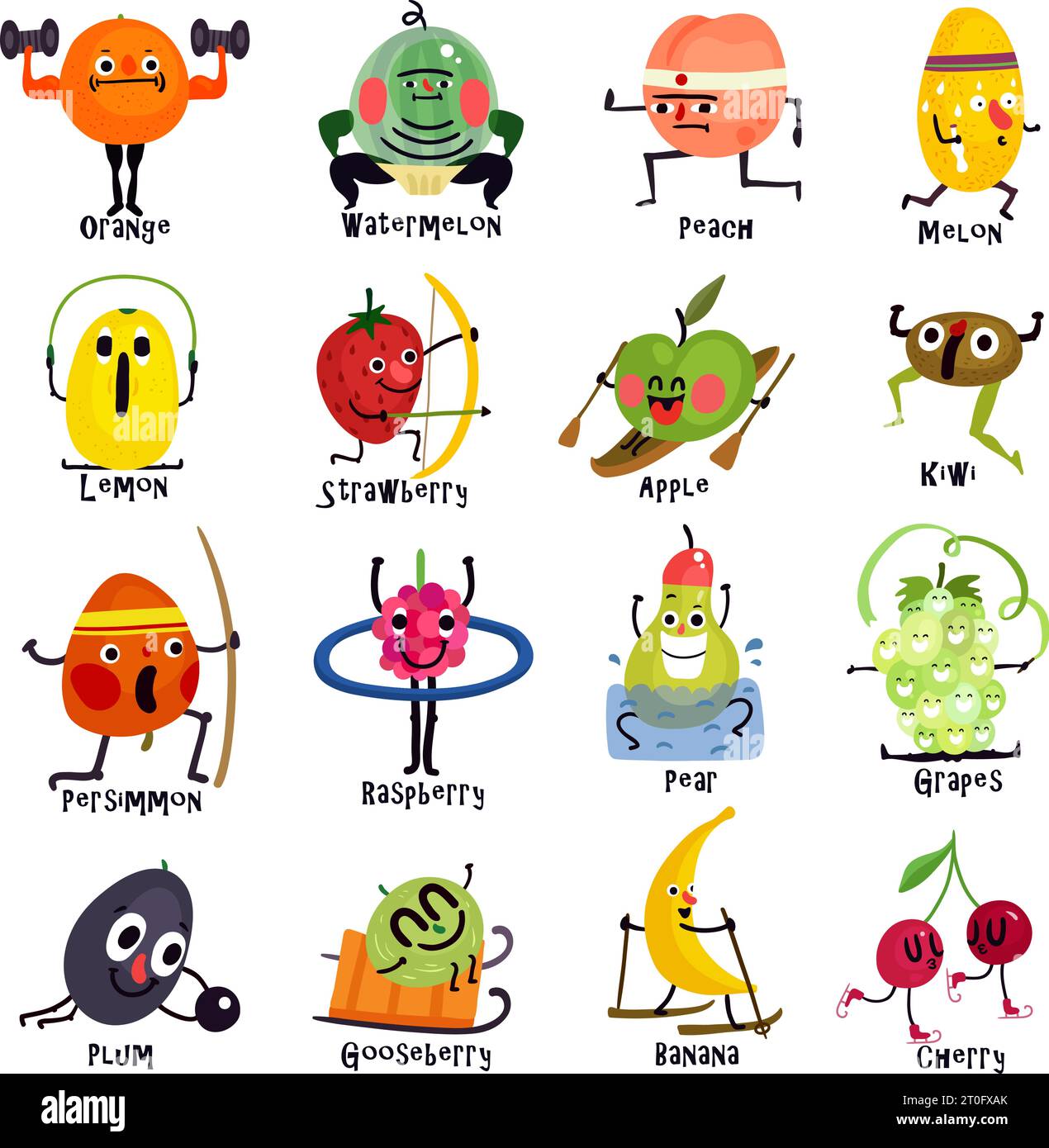 Ensemble d'icônes de dessin animé fruits drôles lors de divers entraînement sportif, y compris le sumo tir à l'arc de jogging illustration vectorielle isolée Illustration de Vecteur