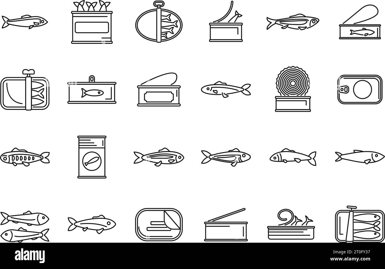 Les icônes de sardine définissent le vecteur de contour. Huile de poisson. Peut grignoter la mer d'étain Illustration de Vecteur