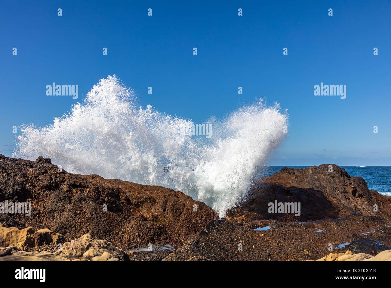 La vague se brise sur la roche dans la réserve naturelle de point Lobos, Monterey, Californie. Pulvériser dans l'air. Ciel bleu, océan Pacifique en arrière-plan. Banque D'Images