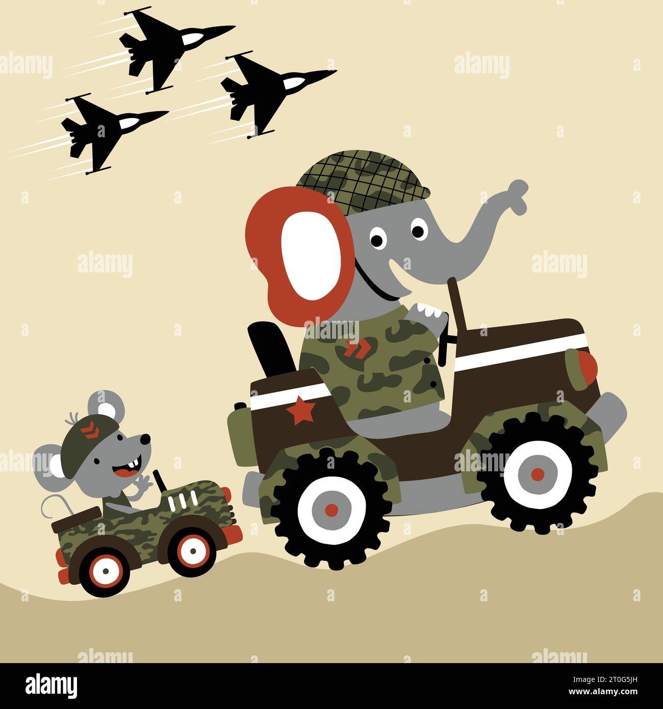 Éléphant drôle et souris en uniforme de soldat conduisant un véhicule militaire, illustration de dessin animé vectoriel Illustration de Vecteur