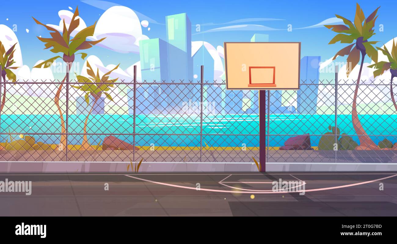 Terrain de basket-ball de rue ensoleillé et horizon urbain. Terrain de jeu extérieur pour le jeu de sport de panier près de fond de vecteur de bande dessinée de rivage de mer. École vide t Illustration de Vecteur