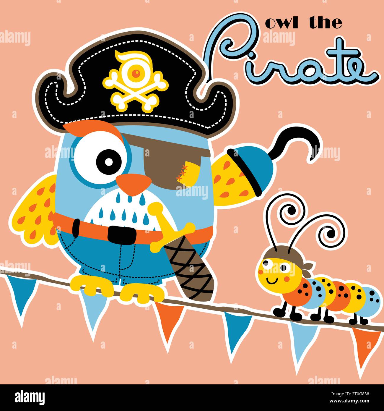 Chouette mignon en costume de pirate avec chenille sur les drapeaux, illustration de dessin animé vectoriel Illustration de Vecteur