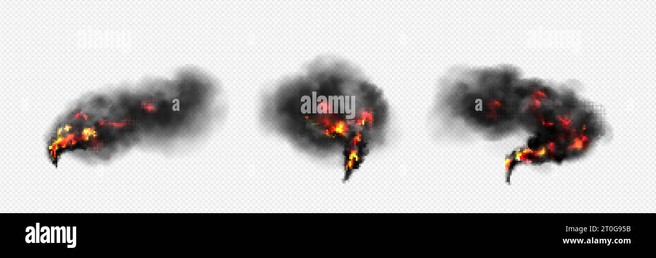 Ensemble réaliste de feu et de fumée noire isolé sur fond transparent. Illustration vectorielle de flammes et nuages sombres de smog montant dans l'air de la nature Illustration de Vecteur