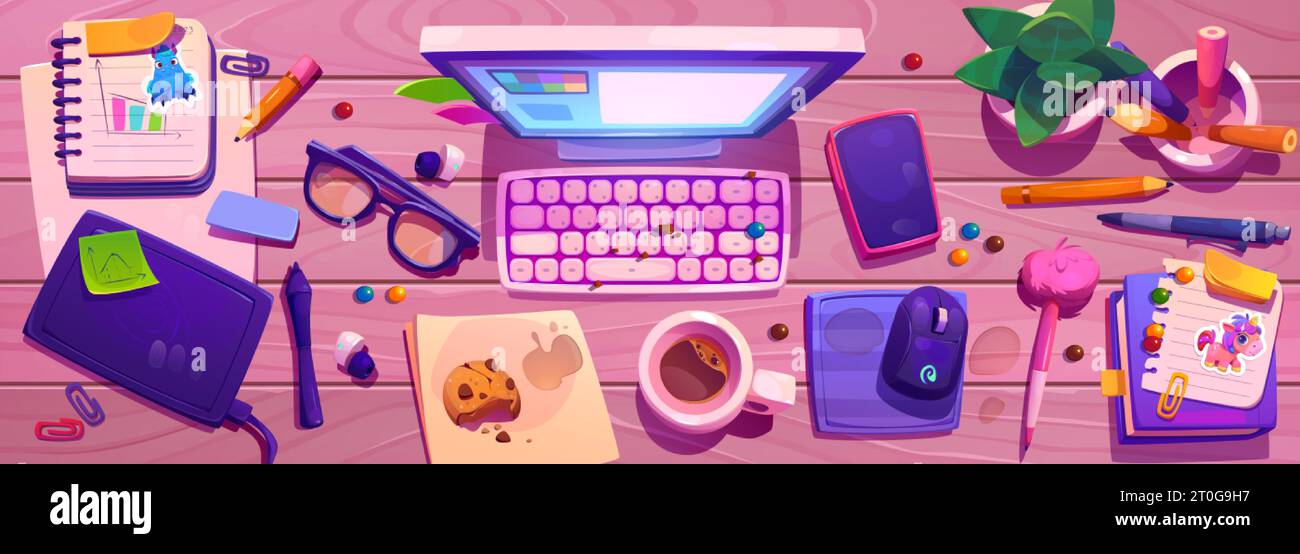 Vue de dessus du lieu de travail désordonné. Illustration de dessin animé vectoriel de l'espace de travail désordonné sur le bureau, miettes sur le clavier de l'ordinateur, taches collantes sur la table, café renversé Illustration de Vecteur Vue de dessus du lieu de travail désordonné. Illustration de dessin animé vectoriel de l'espace de travail désordonné sur le bureau, miettes sur le clavier de l'ordinateur, taches collantes sur la table, café renversé Illustration de Vecteur