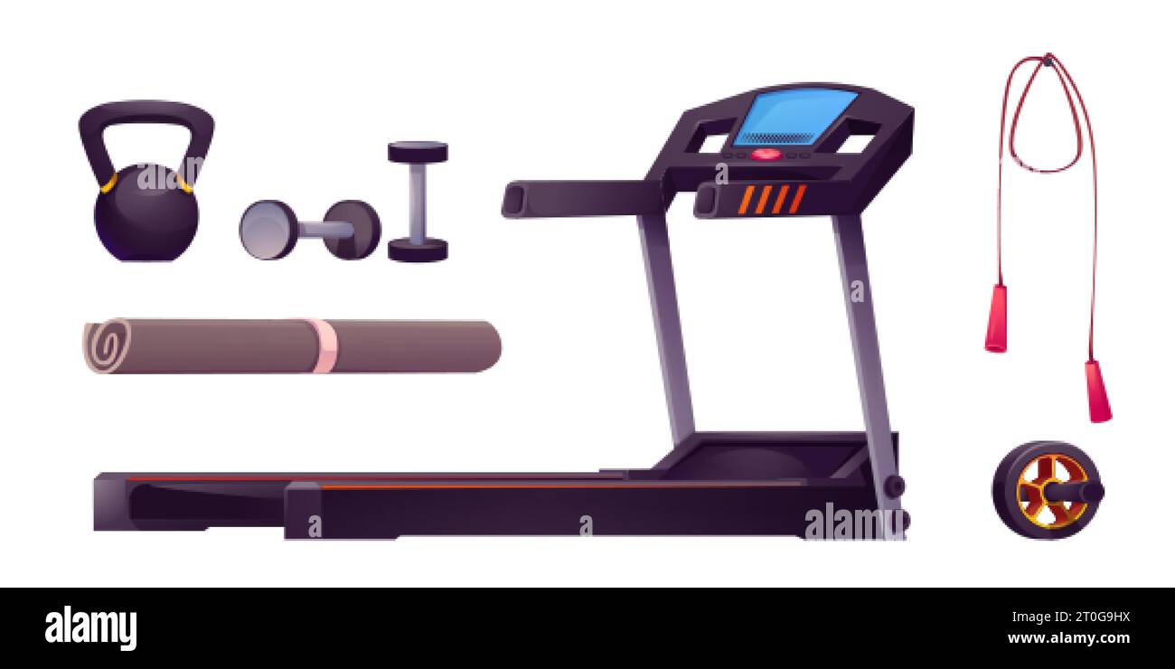 Équipement de sport réglé pour l'entraînement dans la salle de gym isolé sur fond blanc. Illustration vectorielle de machine de tapis roulant, haltère, poids, roue ab, roulé yog Illustration de Vecteur