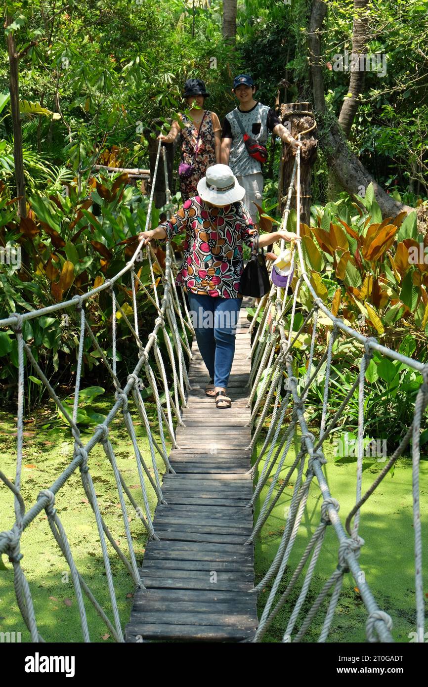 Mauvaises herbes flottantes dans Canal et Rope Bridge Green Garden Closeup 3 personnes en Thaïlande Banque D'Images
