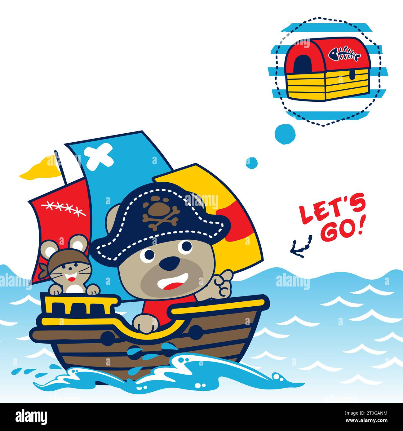 dessin animé vectoriel d'ours drôle et de souris en costume de pirate sur un voilier avec coffre au trésor Illustration de Vecteur