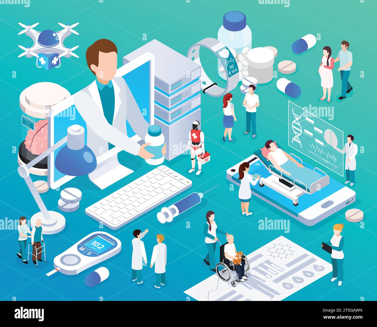 Appareils mobiles télémédecine service de santé lueur composition isométrique avec médecine virtuelle prescription de drone illustration du vecteur de livraison Illustration de Vecteur