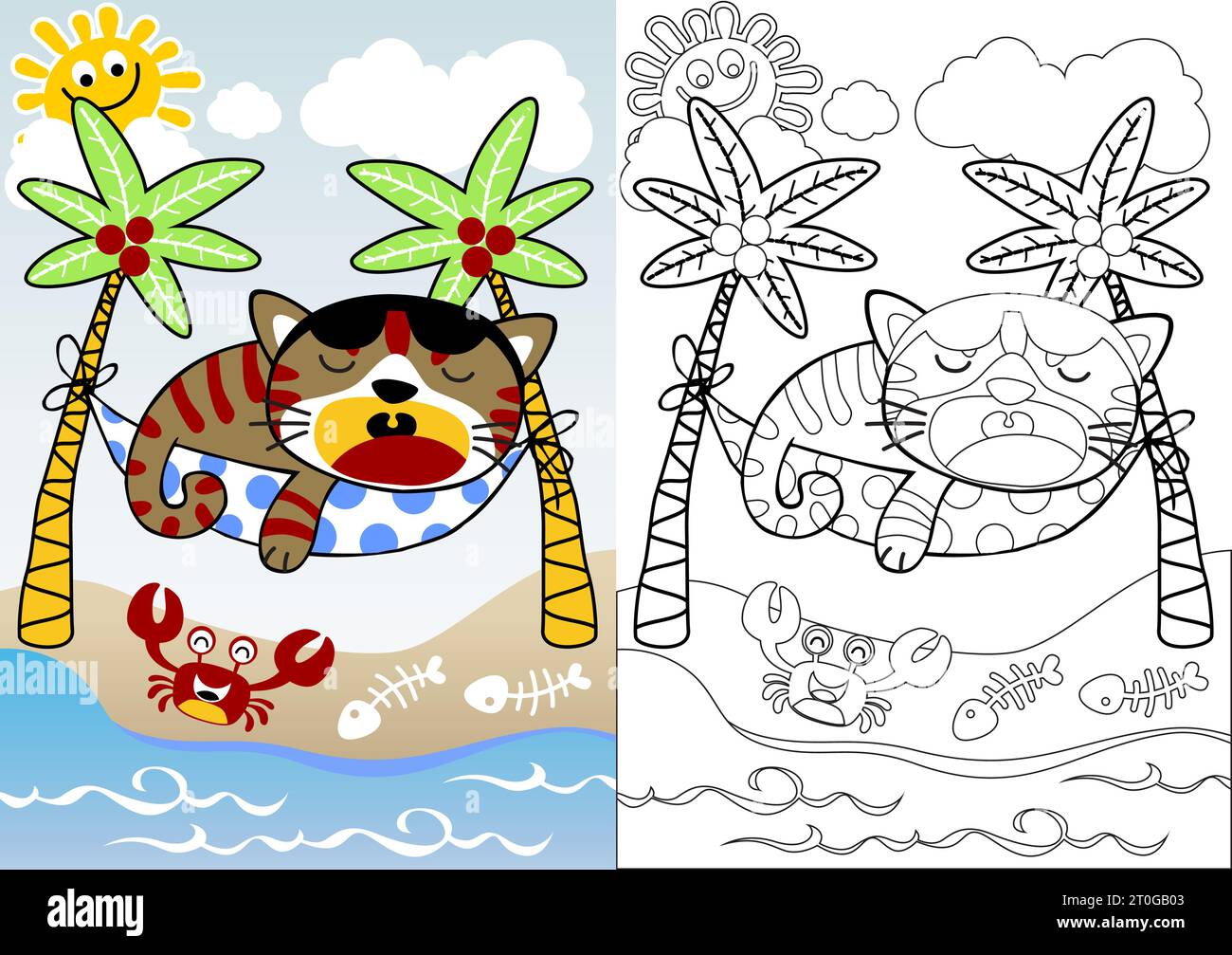 Chat drôle dormant sur hamac avec crabe dans la plage, livre de coloriage ou page, illustration de dessin animé vectoriel Illustration de Vecteur