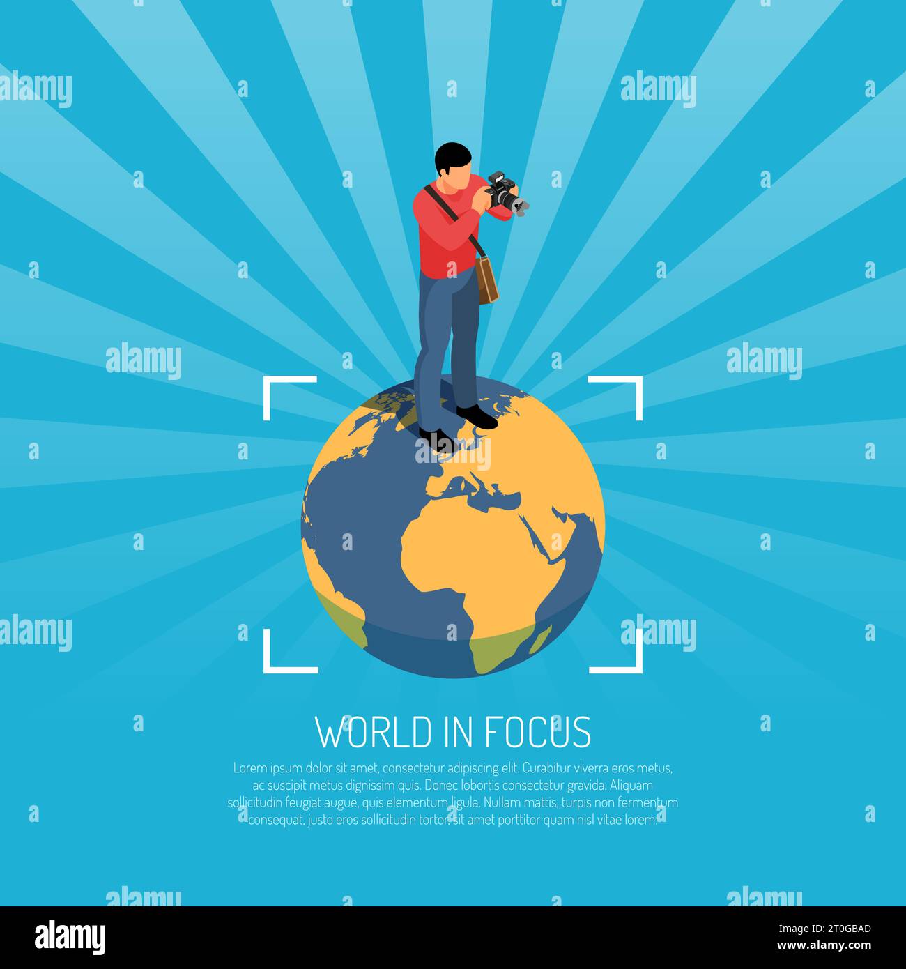 Affiche isométrique World in Focus avec un photographe debout sur une boule de terre tenant l'appareil photo pour réaliser des images vectorielles Illustration de Vecteur