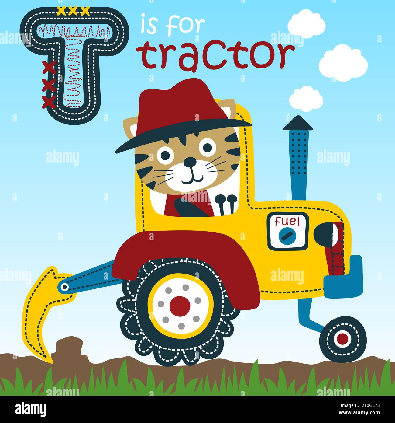 Chat drôle sur tracteur, illustration de dessin animé vectoriel Illustration de Vecteur