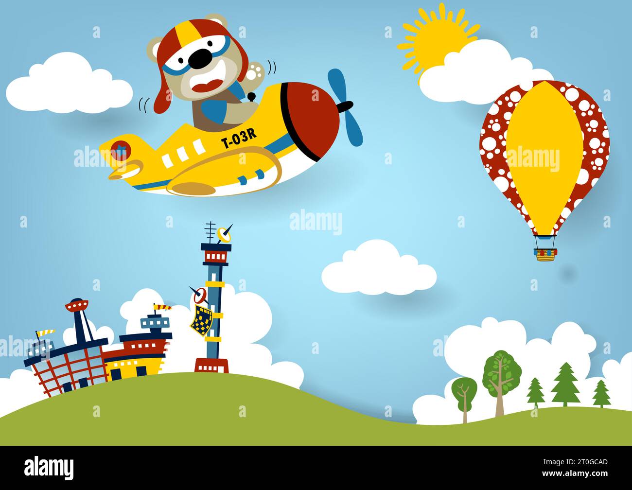 Ours drôle sur l'avion avec montgolfière sur fond de paysage d'aéroport, illustration de dessin animé vectoriel Illustration de Vecteur