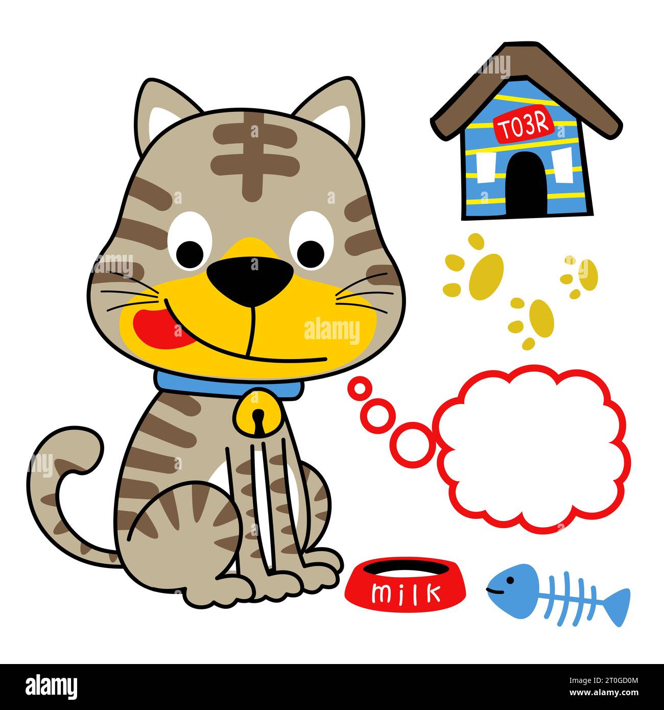 Chaton mignon avec bol de lait, arête de poisson et cage de chat, illustration de dessin animé vectoriel Illustration de Vecteur
