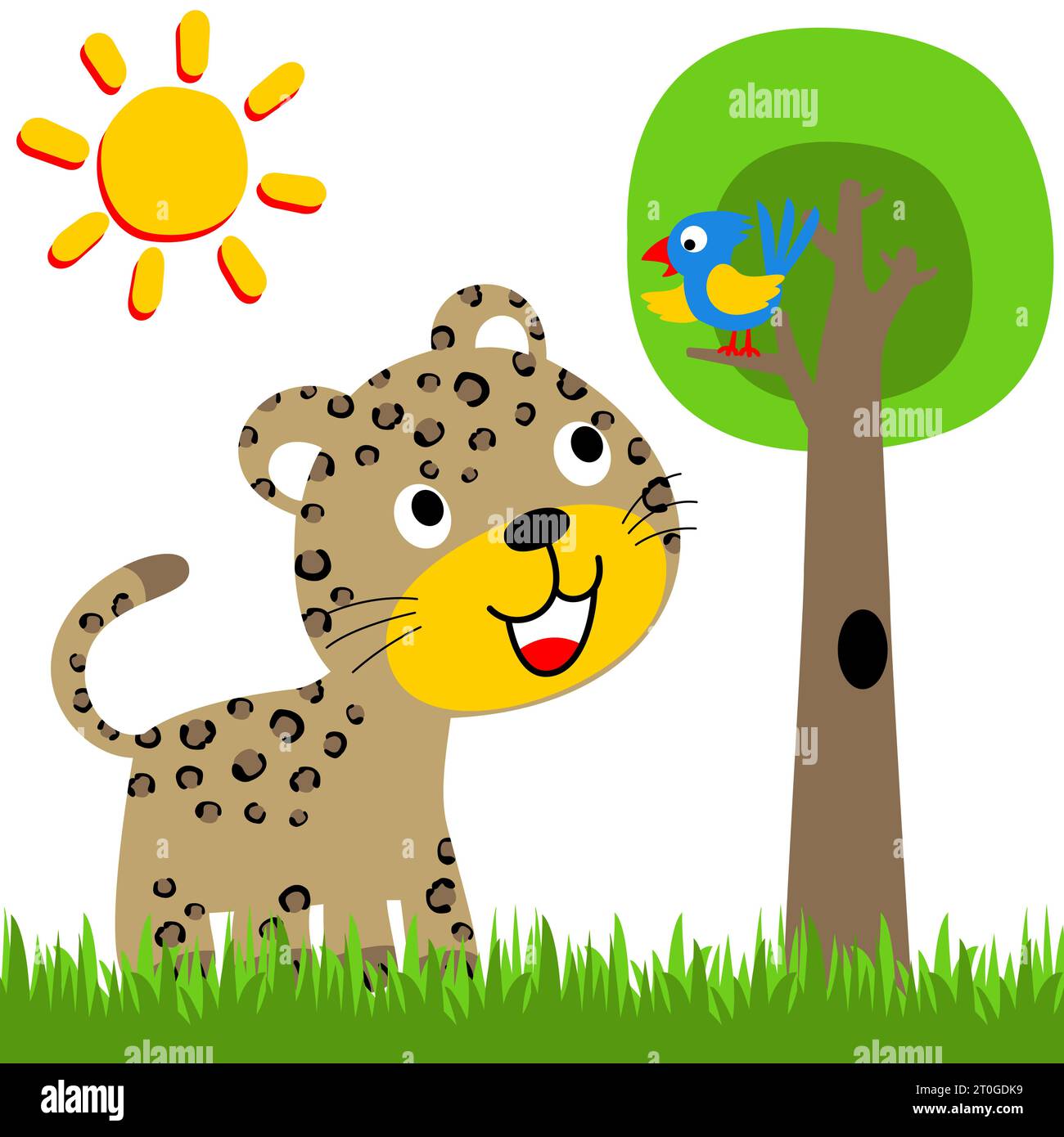 Léopard drôle avec oiseau sur un arbre, illustration de dessin animé vectoriel Illustration de Vecteur
