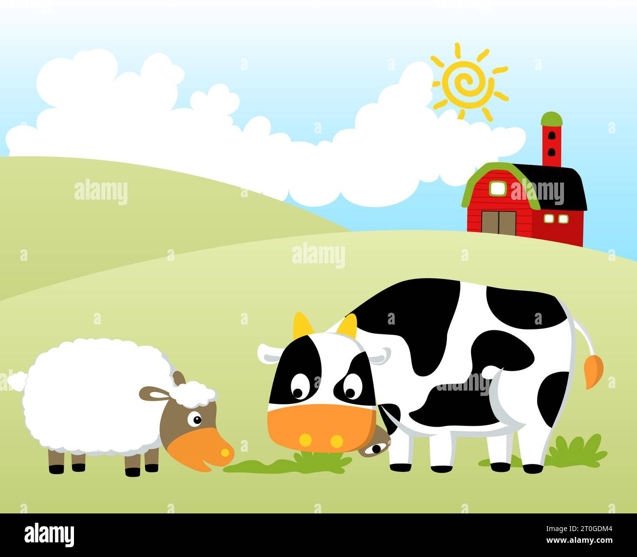 Animaux de ferme drôles dans le champ de ferme, illustration de dessin animé vectoriel Illustration de Vecteur