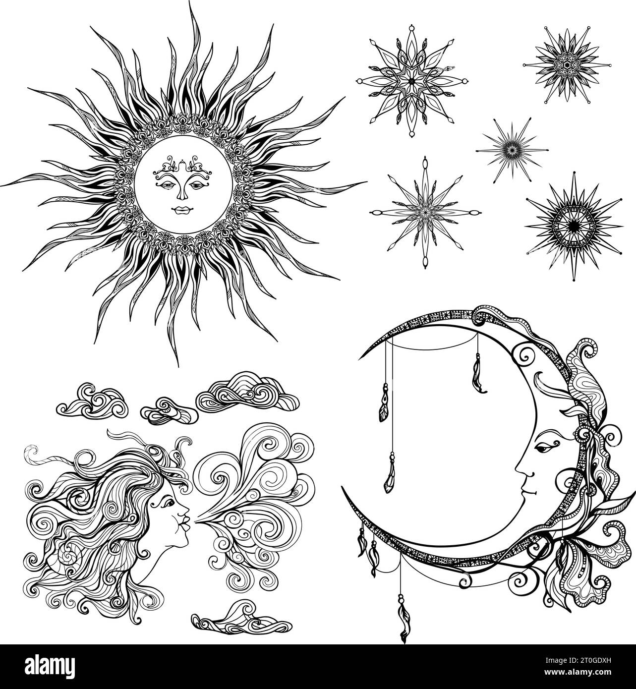 Le soleil de style conte de fées lune et le vent des symboles antropomorphiques ensemble des illustrations vectorielles isolées Illustration de Vecteur