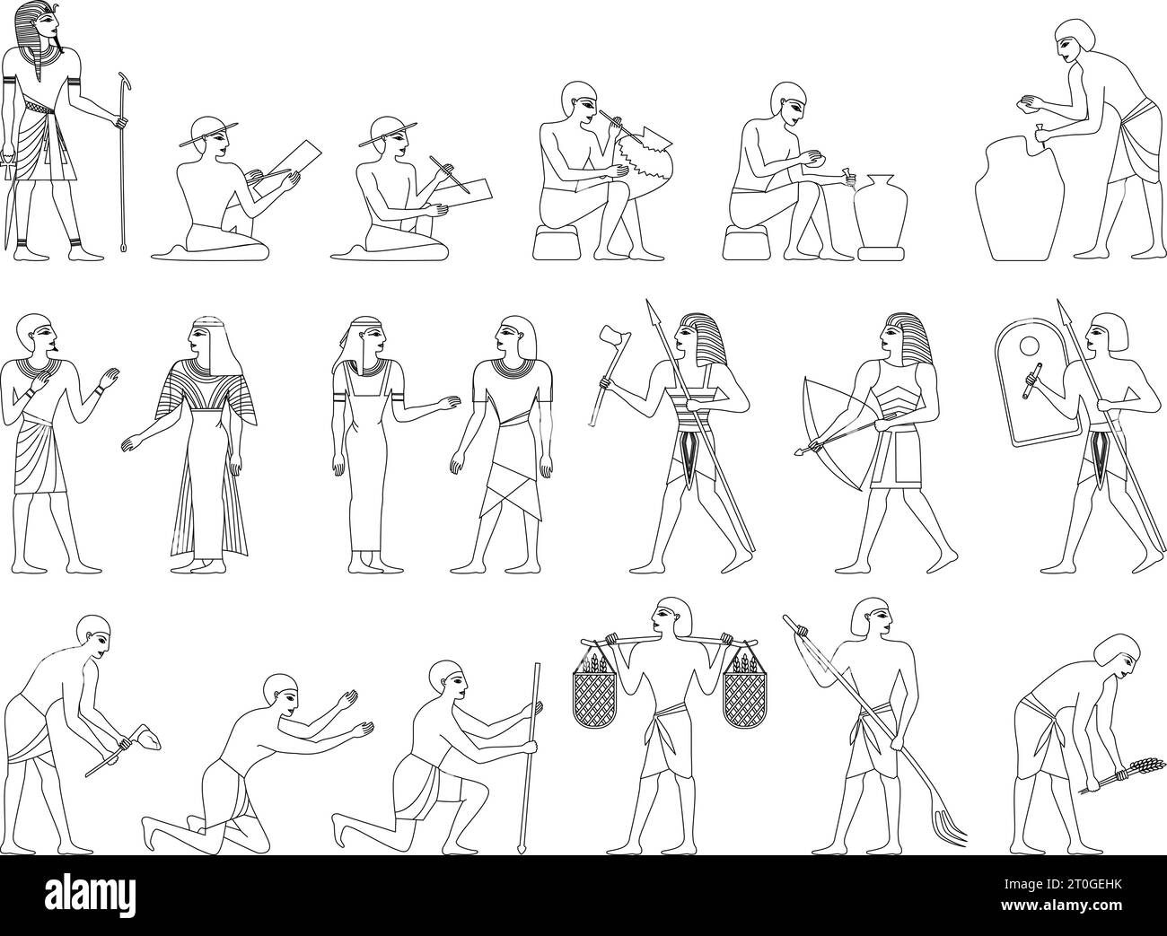 Ensemble monochrome de la société de l'egypte ancienne avec des icônes isolées Wireframe personnages humains des egyptiens sur illustration vectorielle de fond blanc Illustration de Vecteur