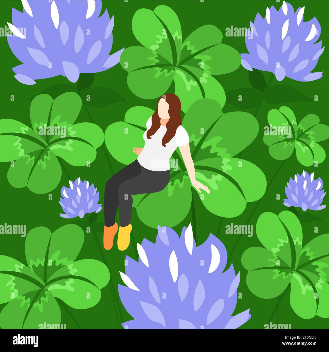 Symboles chanceux fond floral avec jeune femme petit personnage assis sur la grande image de l'illustration vectorielle de trèfle à quatre feuilles Illustration de Vecteur