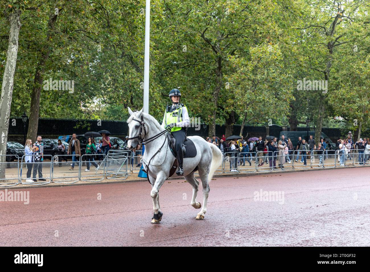 Londres, femme officier de police à cheval blanc le long du Mall leads the Kings change of the Guard, Londres, Angleterre, septembre 2023 Banque D'Images