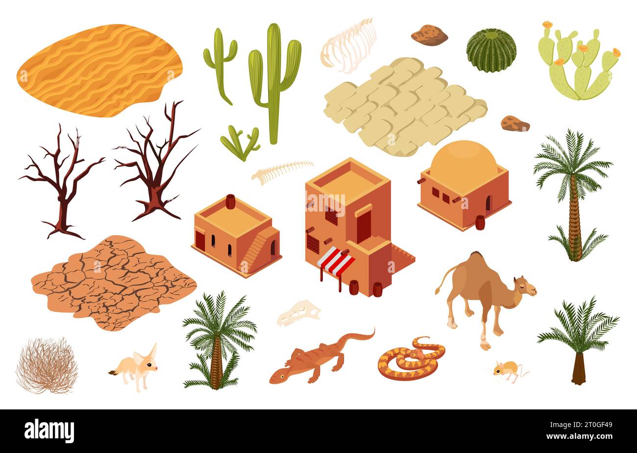 Icônes isométriques du désert ensemble d'architecture traditionnelle de briques de boue sols secs pavés dunes de sable illustration vectorielle isolée Illustration de Vecteur