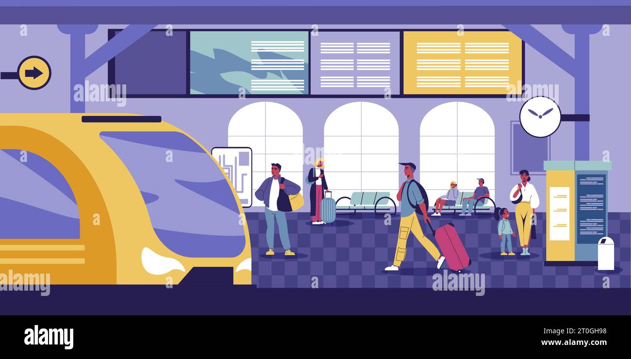 Concept plat de gare ferroviaire avec des passagers entrant dans l'illustration vectorielle de train Illustration de Vecteur