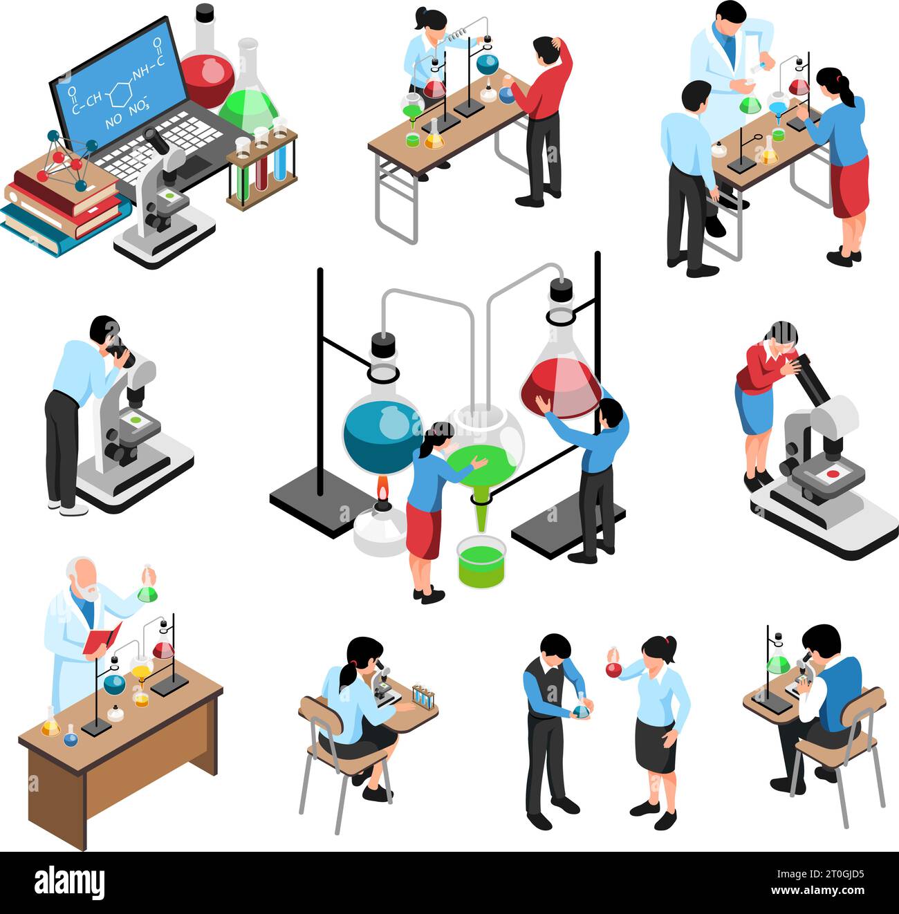 Étudiants travaillant dans le laboratoire de sciences de l'école sur des expériences chimiques ensemble isométrique isolé sur fond blanc illustration vectorielle Illustration de Vecteur
