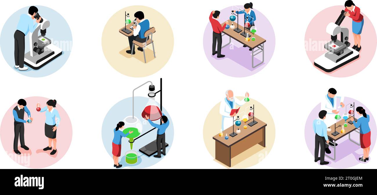Le laboratoire de sciences de l'école a isolé des compositions rondes avec des élèves pendant l'expérience chimique dans l'illustration vectorielle isométrique de classe de chimie Illustration de Vecteur