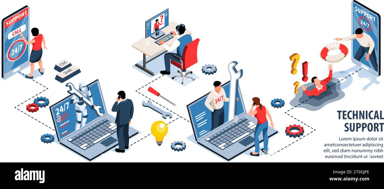 Infographies de support technique avec des opérateurs de hotline parlant avec des clients par téléphone ou dans l'illustration vectorielle isométrique de chat Illustration de Vecteur