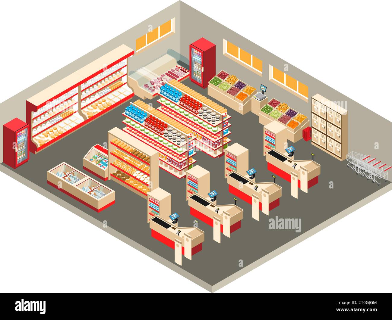 Intérieur de la salle de commerce de supermarché avec des comptoirs boîtes froides et des caisses objet isométrique isolé à l'illustration vectorielle de fond blanc Illustration de Vecteur