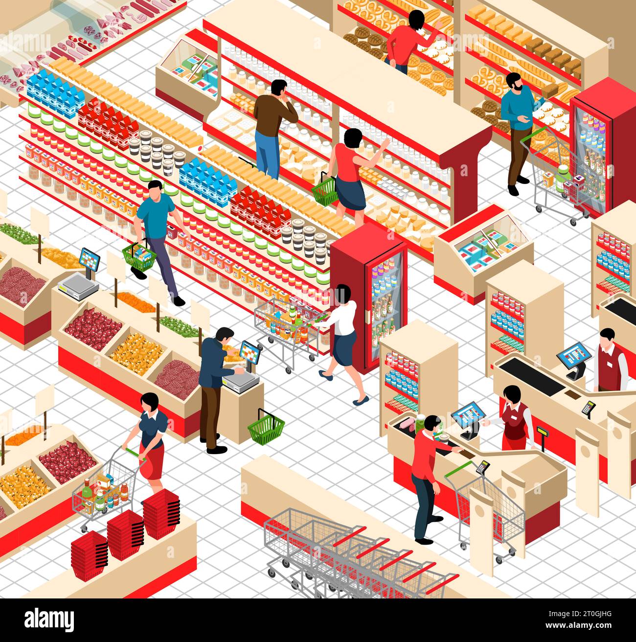 Fragment isométrique de salle de commerce de supermarché avec des étagères remplies par différents visiteurs de produits frais et caissiers illustration vectorielle Illustration de Vecteur