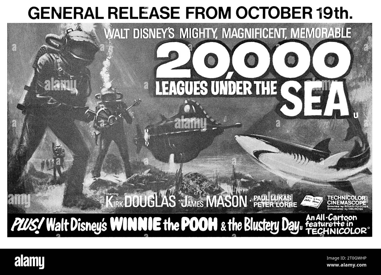 1969 Publicité britannique pour une réédition du film 20 000 ligues sous la mer, initialement publié en 1954 et mettant en vedette Kirk Douglas et James Mason et réalisé par Richard Fleischer. Banque D'Images