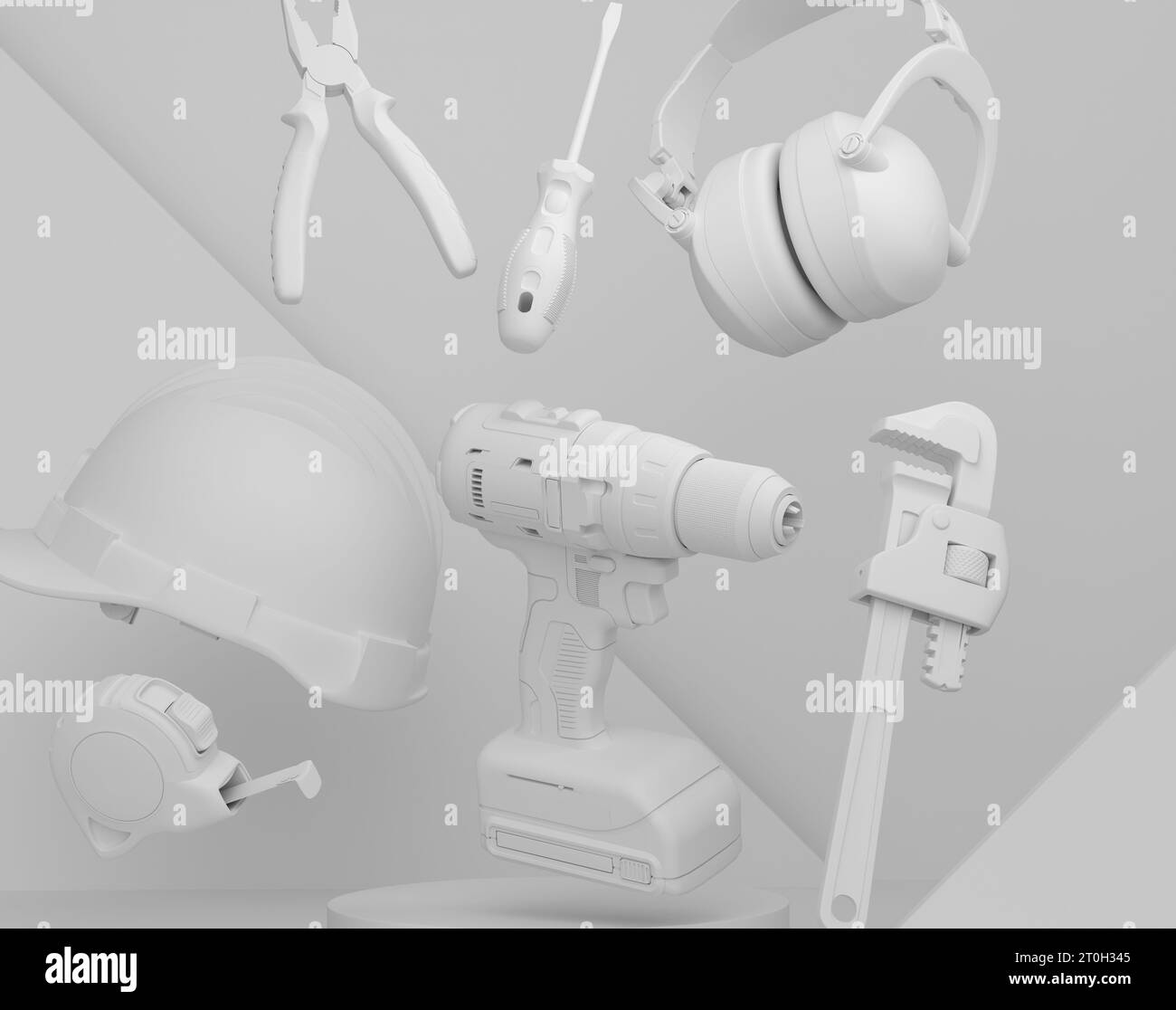 Scène abstraite ou podium avec des outils de charpentiers sur fond monochrome. rendu 3d de la scène pour l'outil de menuisier de présentation de produit pour la réparation et le bui Banque D'Images