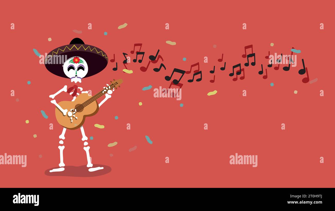 Le guitariste squelette apporte de la joie aux festivités de Dia de Muertos. Illustration de Vecteur