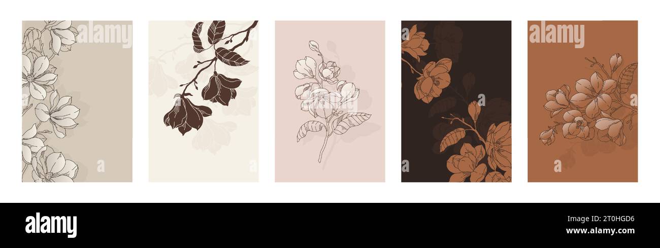 Fleurs de magnolia. Contour de l'art floral, des plantes tropicales minimalistes, des éléments de tatouage de jardin de printemps. Les publications sur les médias sociaux et les histoires plantes en toile de fond. Bannière botanique et affiche. Fond moderne de vecteur Illustration de Vecteur