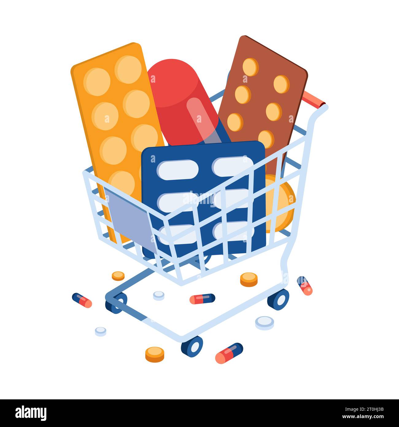 Chariot isométrique plat 3d avec pilules et médecine. Société pharmaceutique et concept de pharmacie en ligne. Illustration de Vecteur