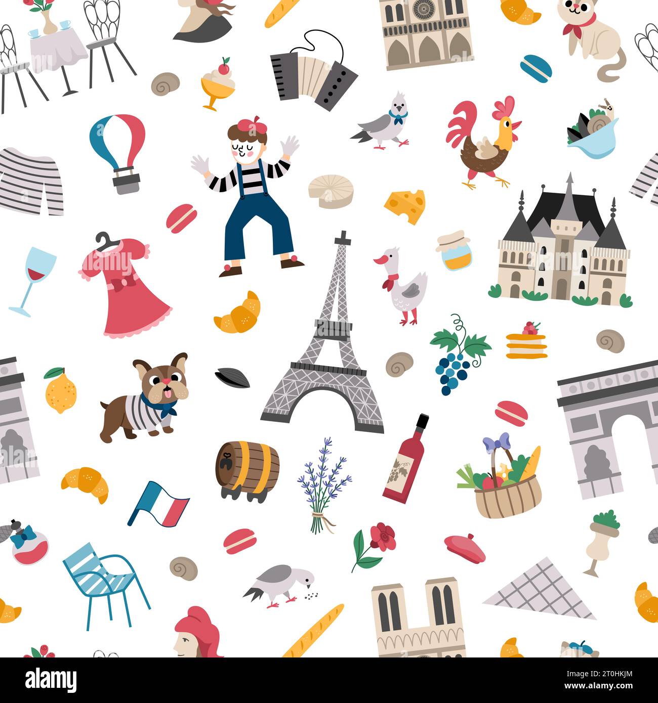 France symboles vecteur modèle sans couture. Répétition de fond avec des sites français, nourriture, tour Eiffel, animaux, baguette, croissant. Mignon Paris numérique Illustration de Vecteur