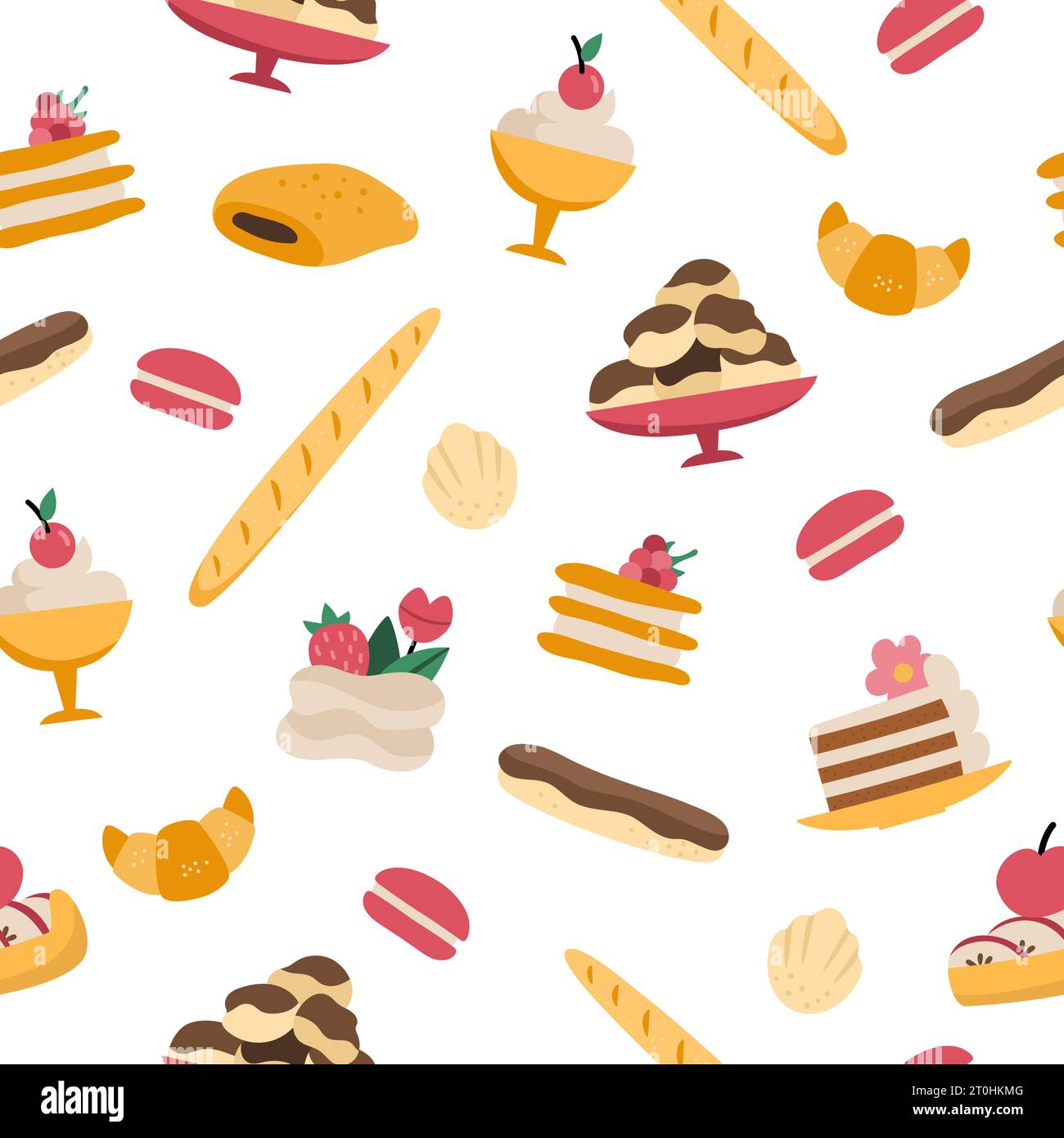 Modèle sans couture de vecteur de dessert français. Répéter le fond avec baguette, croissant, eclair, biscuit, gâteaux. Mignon boulangerie de France papier numérique avec pi Illustration de Vecteur
