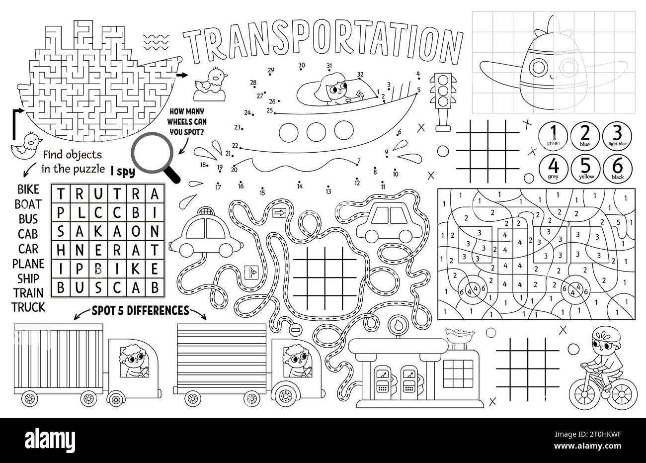 Set de table de transport vectoriel pour les enfants. Tapis d'activité imprimable de transport avec labyrinthe, TIC tac toe graphique, relier les points, trouver la différence. Noir et W Illustration de Vecteur