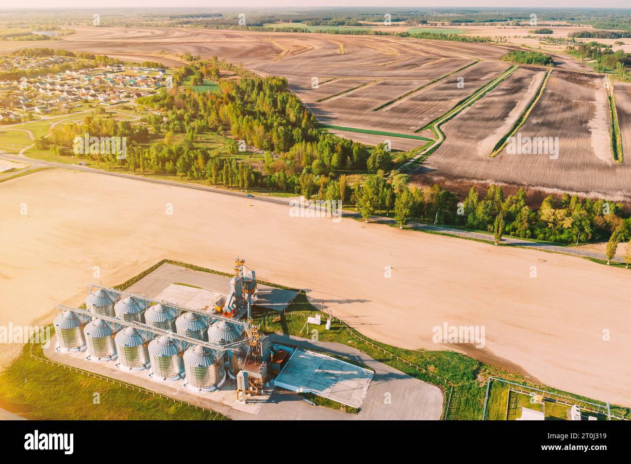 Grenier moderne, complexe de séchage de grain, silos de grains commerciaux ou de semences dans un paysage rural de printemps ensoleillé. Silos de maïs, terminal de grain intérieur, grain Banque D'Images