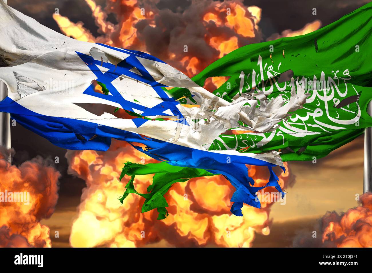 Augsbourg, Bavière, Allemagne. 7 octobre 2023. Image symbolique guerre et conflit entre Isreal et Hamas. Drapeaux déchirés entre explosions PHOTOMONTAGE *** Symbolbild Krieg und Konflikt zwischen Isreal und Hamas. Zerissene Flaggen zwischen Explosionen FOTOMONTAGE crédit : Imago/Alamy Live News Banque D'Images