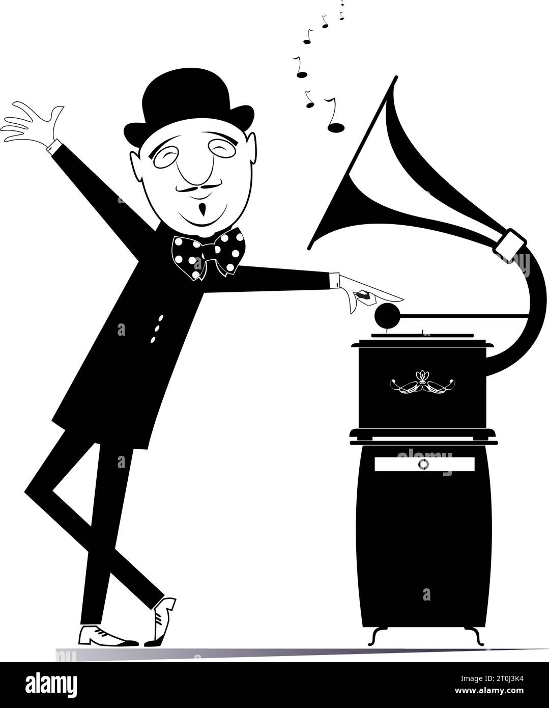 Homme et tourne-disque rétro. Drôle homme élégant dans le chapeau melon écoute un tourne-disque vintage. Illustration en noir et blanc Illustration de Vecteur