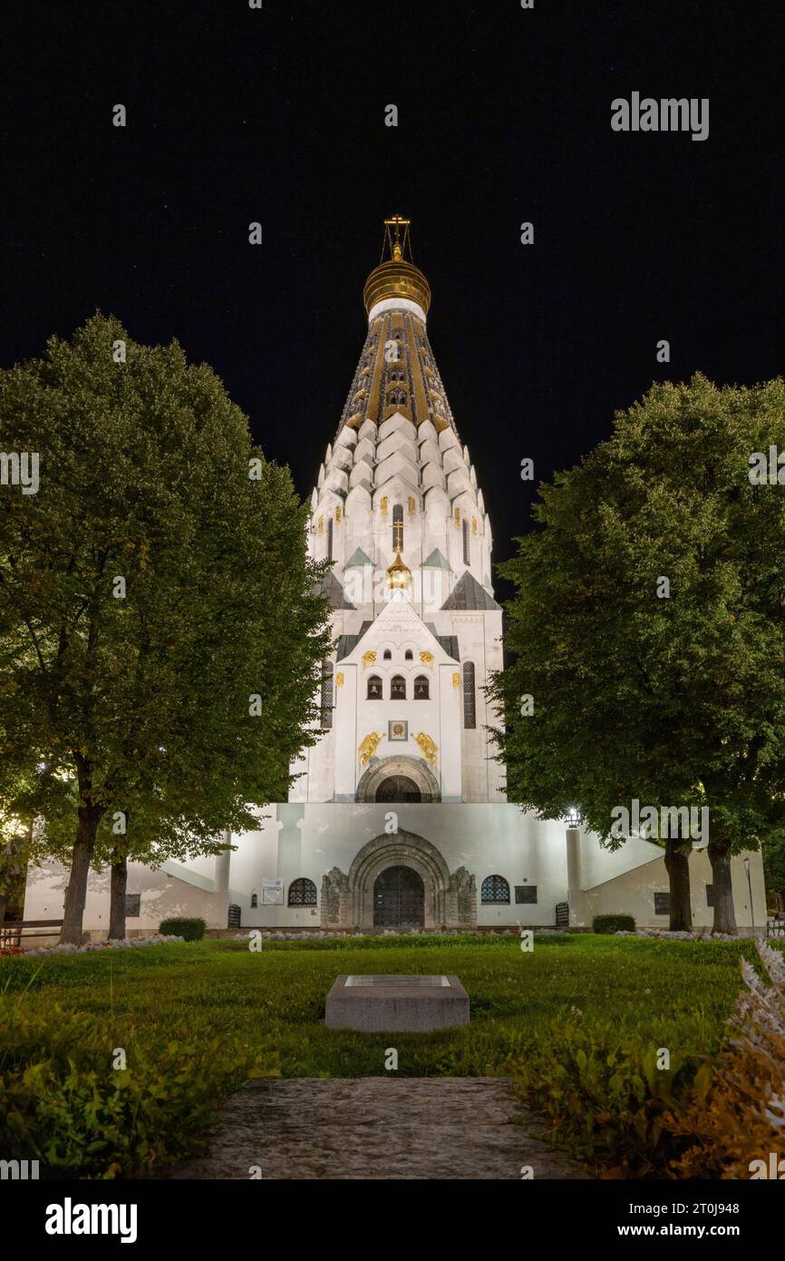 Russian Memorial Church à Leipzig la nuit Banque D'Images