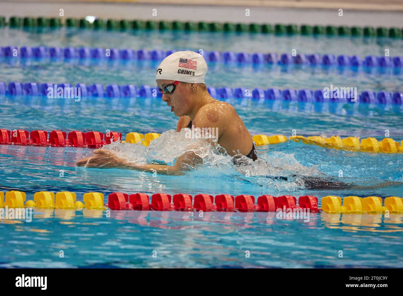 Berlin, Allemagne. 07 octobre 2023. Natation : coupe du monde, Medley du 400 m, femmes : Katie Grimes, des É.-U., remporte la coupe du monde de natation aquatique 2023 au centre de natation et de plongée Europa-Sportpark (SSE). Crédit : Joerg Carstensen/dpa/Alamy Live News Banque D'Images