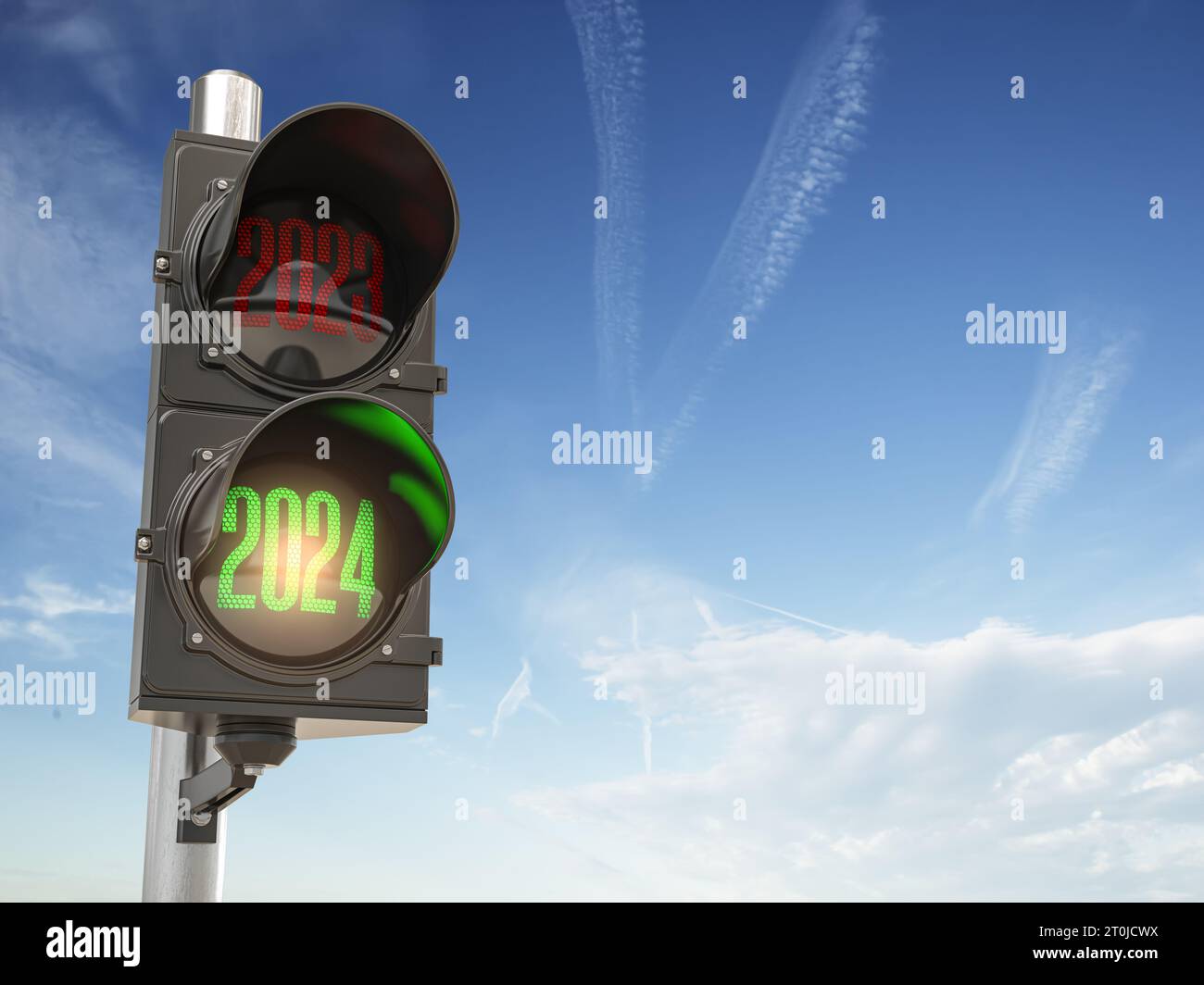 Feu de circulation avec feu vert 2024 et rouge 2023 sur fond de ciel